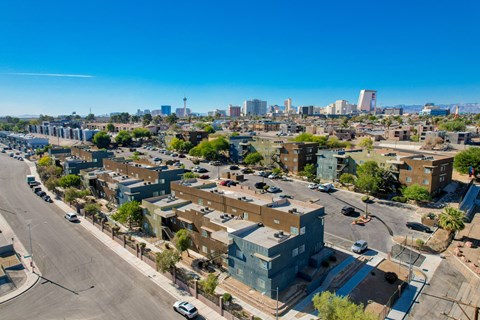 an aerial view of the city with buildings and a city skyline at Maryland Villas Apartments, Las Vegas, NV, 89101