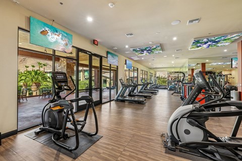 A gym with treadmills, elliptical machines, and other exercise equipment.