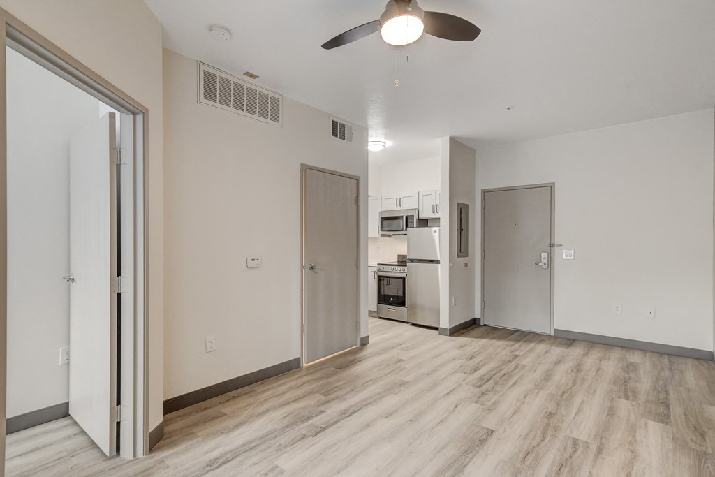 a bedroom with hardwood flooring and a ceiling fan