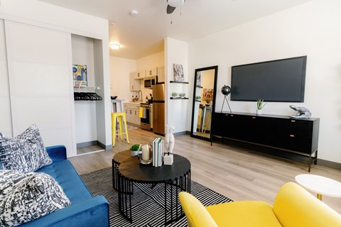 a living room with a couch and a coffee table and a television
