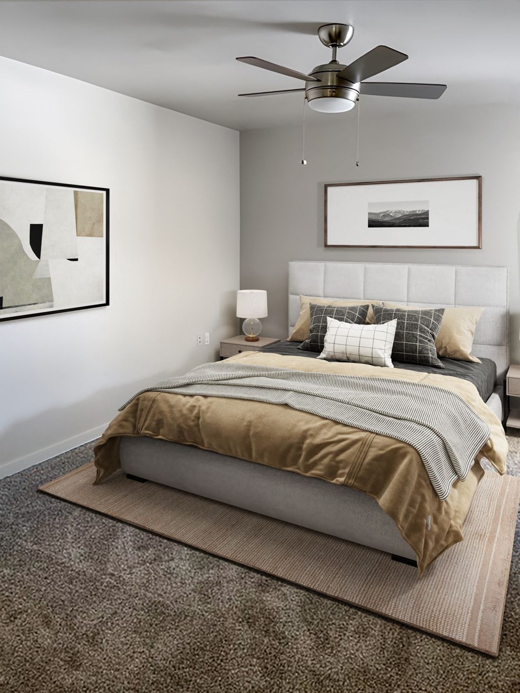 a bedroom with a bed and a ceiling fan