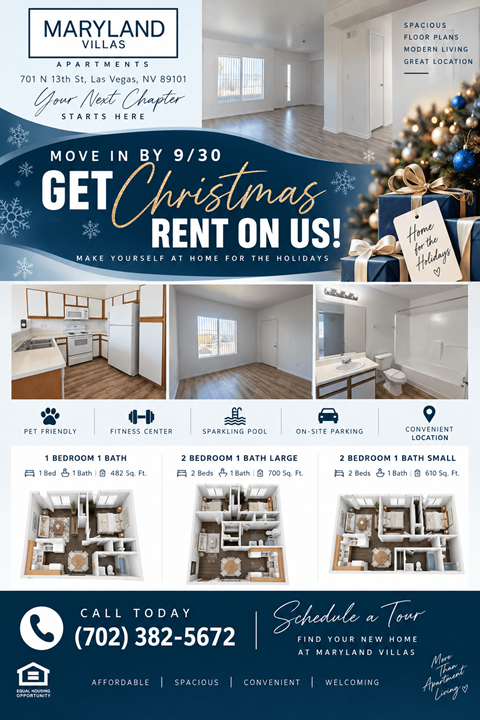 A flyer for Maryland Villas apartments with a Christmas theme and contact information.
