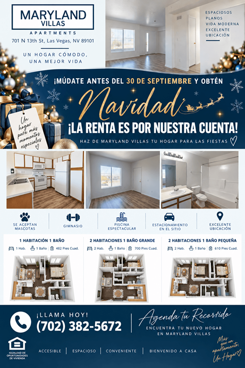 A poster advertising Maryland Villas apartments in Las Vegas, offering a Christmas gift of a free month's rent.