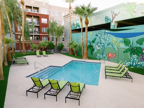 Sparkling pool and lounge area at The Vine on 8th, Las Vegas