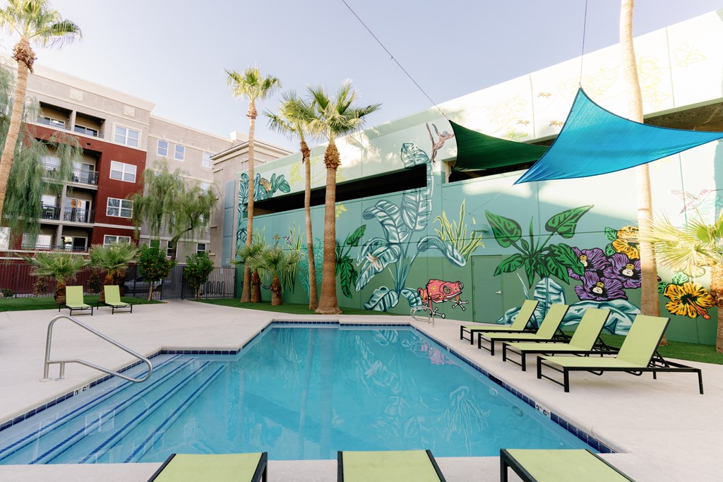 Sparkling pool and lounge area