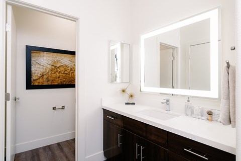 A bathroom with a white sink and a brown and black cabinet.