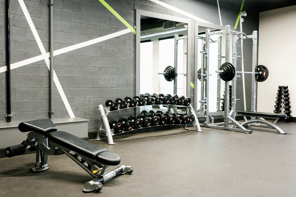 A fully equipped fitness center including free weights quipped gym with weights and a row of racks of dumbbells