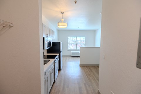 a kitchen and living room in an empty apartment at The Onyx at 695, Reno, NV