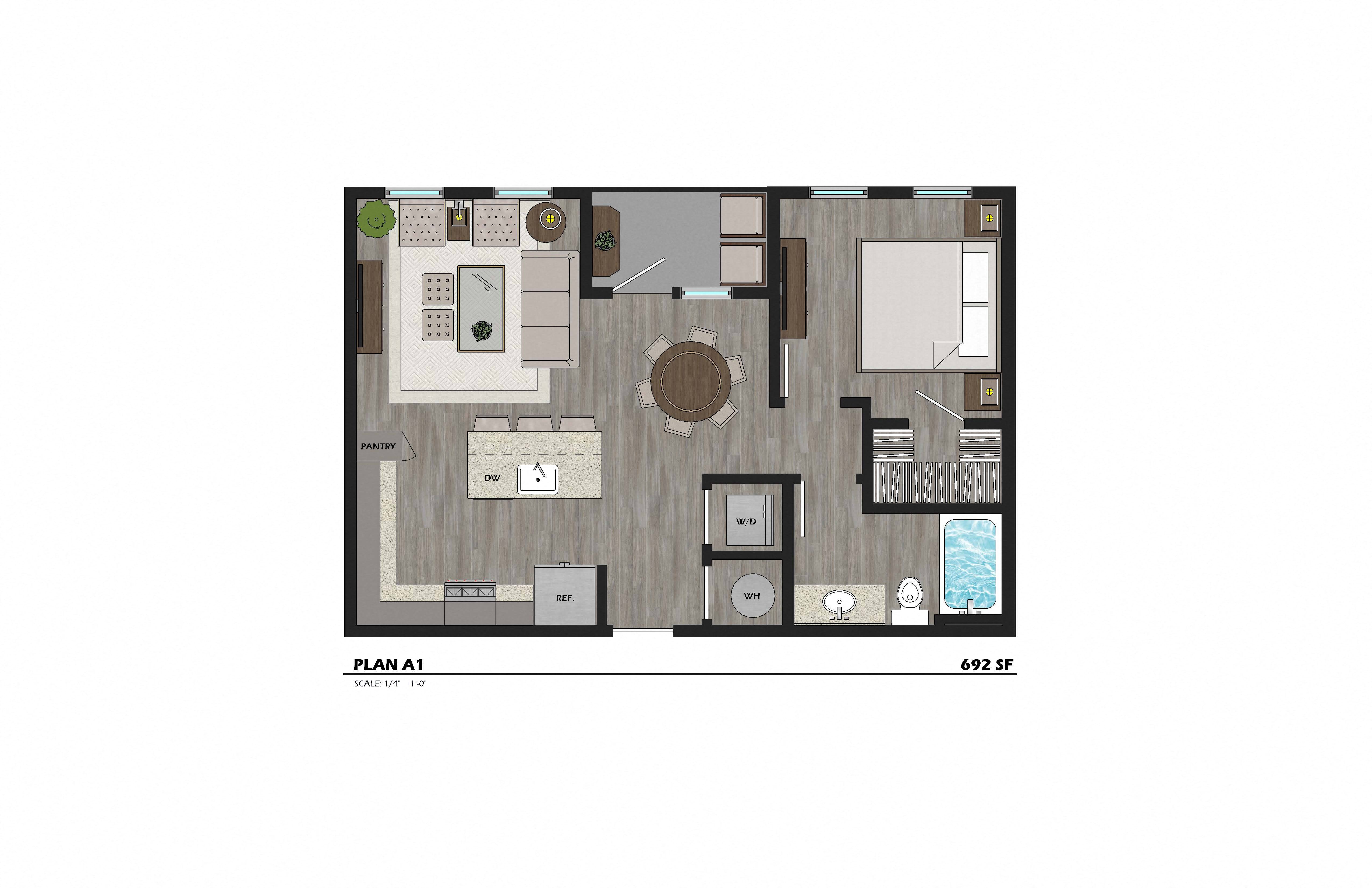 A1 692 sq. ft.at The Fitz Apartments in Dallas
