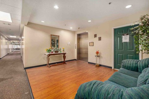 a room with a couch and a table in front of a green door