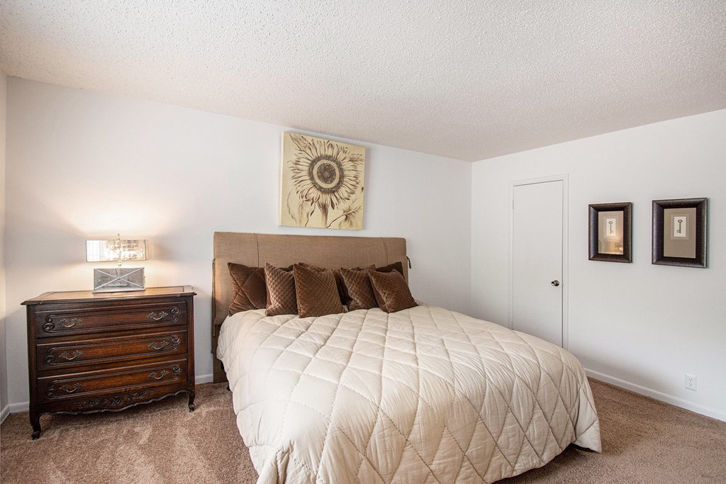 A bedroom with a large bed and a wooden dresser.