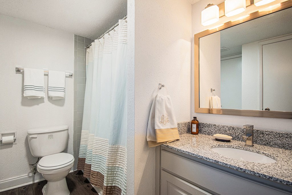A bathroom with a toilet, sink, and mirror.