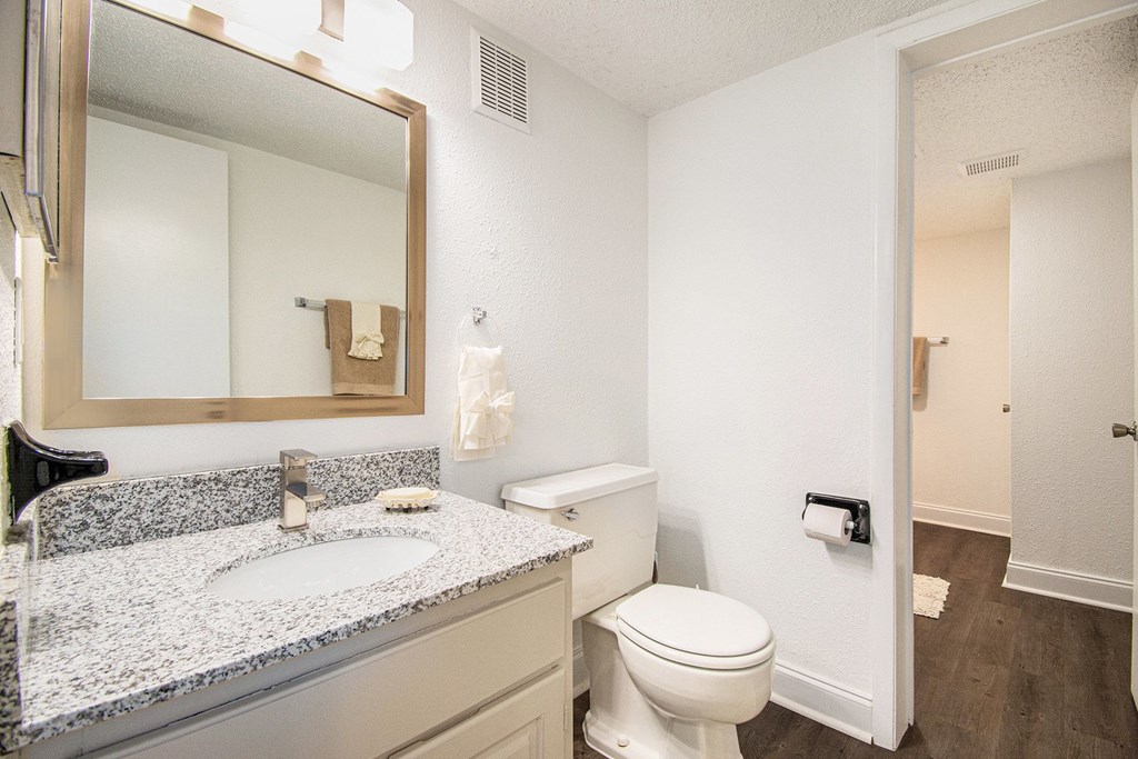 A bathroom with a toilet, sink, and mirror.