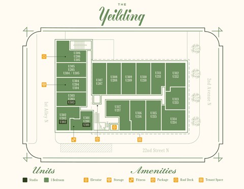 A floor plan of a building with labeled rooms and amenities.