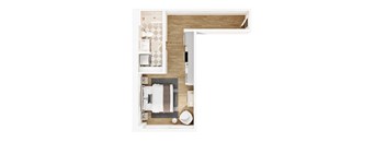 A top-down view of a small, neatly organized bedroom with a bed, nightstand, chair, and a bathroom area.