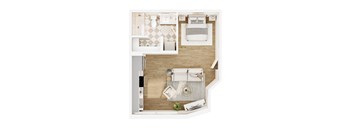 A top-down view of a modern kitchen and living room.