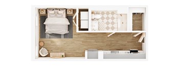 A bedroom with a bed, nightstand, and chair.
