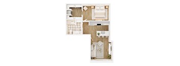 A top-down view of a small apartment with a bedroom, living room, and kitchen.