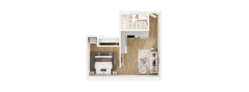 A top down view of a modern bathroom with a fireplace.