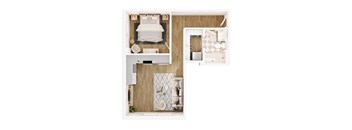 A top-down view of a bedroom with a bed, dresser, and bathroom.