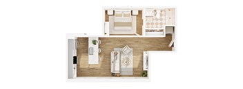 A top-down view of a modern, minimalist living space with a kitchen, dining area, and a bedroom.