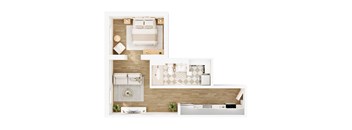 A top-down view of a modern, minimalist bedroom and kitchen area.