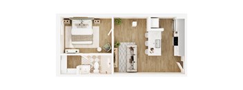 A top down view of a small apartment with a bedroom, living room, and kitchen.