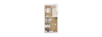 A top-down view of a small, neatly organized bedroom with a bed, nightstand, and a small plant.