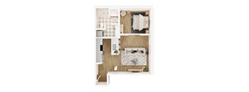 A top-down view of a small, neatly organized kitchen and living room.