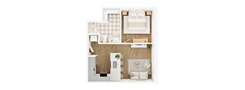 A top-down view of a small, neatly organized bedroom with a bed, nightstand, and a small kitchenette.