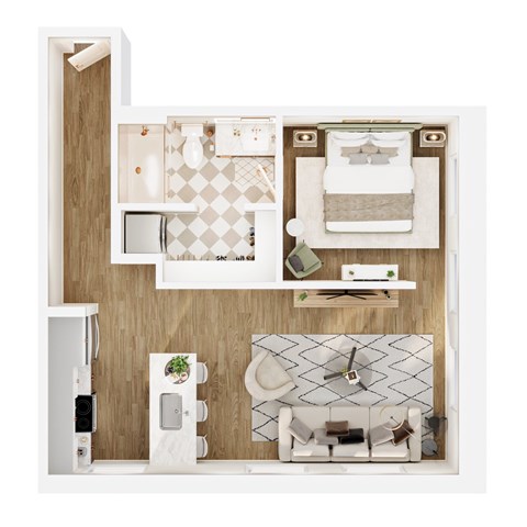 A top-down view of a small apartment with a bed, a sink, a toilet, a fridge, and a microwave.