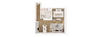 A top-down view of a small apartment with a bed, a sink, a toilet, a fridge, and a microwave.