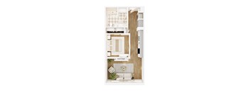A top-down view of a modern kitchen with a dining area.