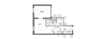 A floor plan of a house with a living room, kitchen, bathroom, and bedroom.