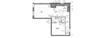 A floor plan of a house with a living room, kitchen, bathroom, and bedroom.
