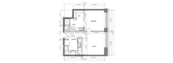 A floor plan of a small apartment with a living room, kitchen, and bathroom.