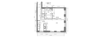 A floor plan of a living space with a kitchen, bathroom, and bedroom.