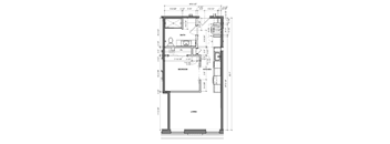 A floor plan of a small apartment with a living room, kitchen, and two bedrooms.