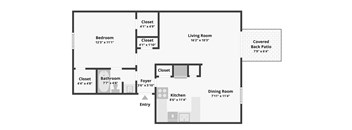 A floor plan of a house with a living room, dining room, kitchen, bedroom, bathroom and an entry.