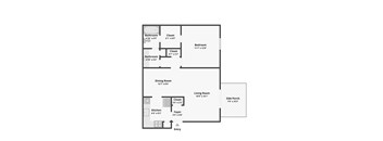 A floor plan of a house with a living room, two bedrooms, a dining room, a kitchen, two bathrooms, and a side porch.