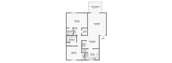 A floor plan of a house with a covered balcony and various rooms with their dimensions.