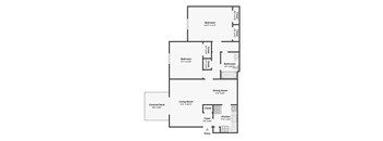 A floor plan of a house with a living room, two bedrooms, a bathroom, a dining room, a kitchen, a foyer, a closet, and a covered deck.