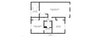 A floor plan of a small apartment with a living room, dining room, kitchen, and three bedrooms.