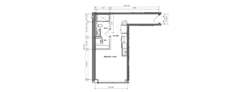 A floor plan of a small apartment with a kitchen, bathroom, and bedroom/living room.