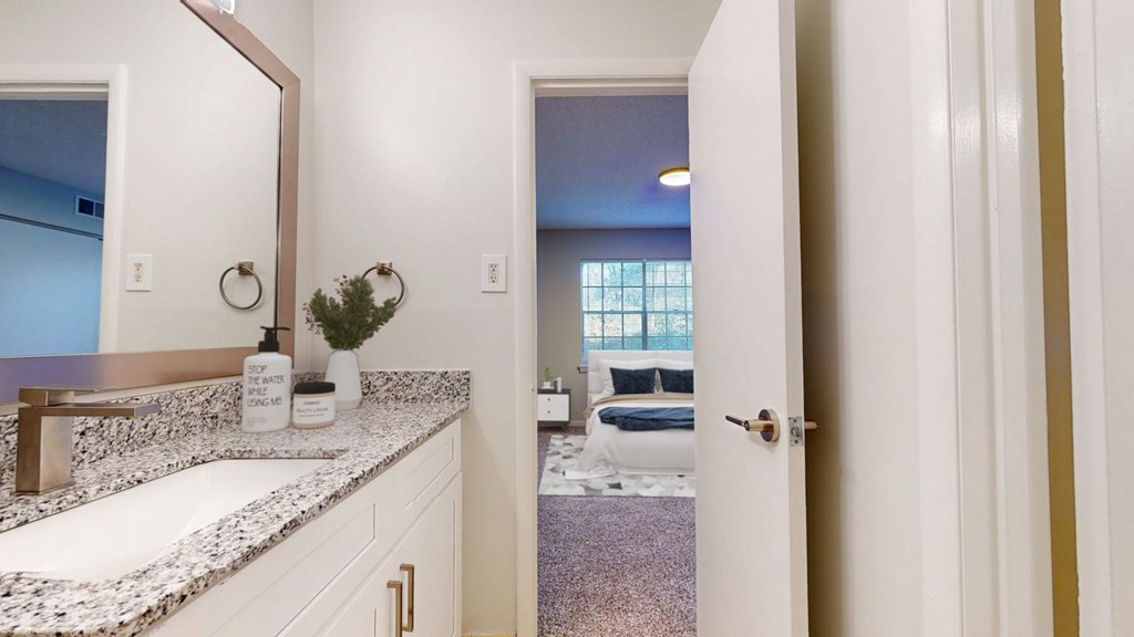 A bathroom with a white counter and a mirror.