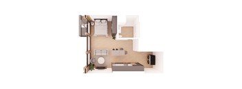 A top-down view of a bedroom with a bed, nightstand, and a couch.