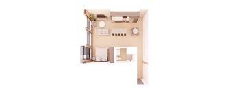A top-down view of a modern bedroom with a bed, couch, and a small table.
