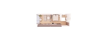A top-down view of a modern kitchen with a dining area.