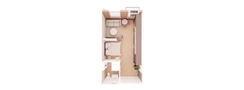 A top-down view of a small, modern apartment with a kitchen, living room, and bathroom.