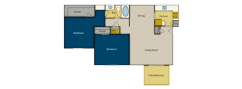 A floor plan of a living space with two bedrooms, a kitchen, a dining area, and a bathroom.